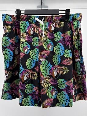 Buc-ees Swim Trunks Mens Black Logo Lined All Over Print Floral Pockets, Size 2X